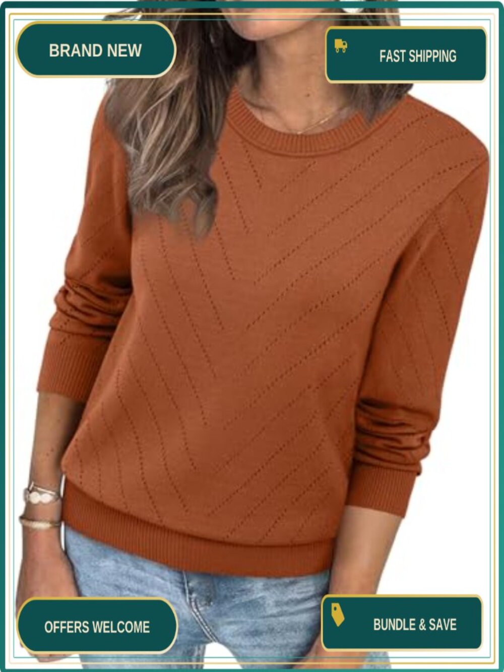 Womens Crew Neck Long Sleeve Sweater Eyelet Knit Pullover